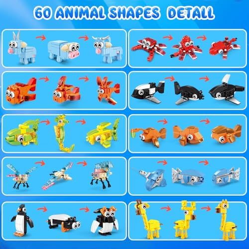Assorted three in one animal block creations from the Hogokids twenty pack gift set.