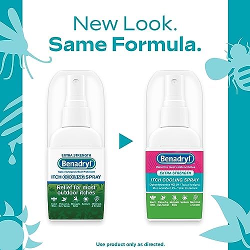 Benadryl topical analgesic spray for cooling relief from sunburn.