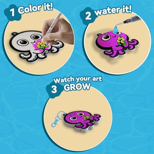 WurLoo Aqua Magic Puffs craft kit components including sixteen ocean sheets and twelve markers spread out.