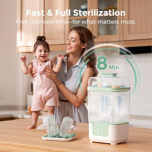 Momcozy modular sterilizer showing capacity for 6 baby bottles