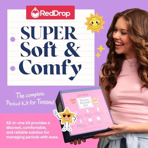 RedDrop first period kit for girls 9-12 with various pad sizes and wipes.