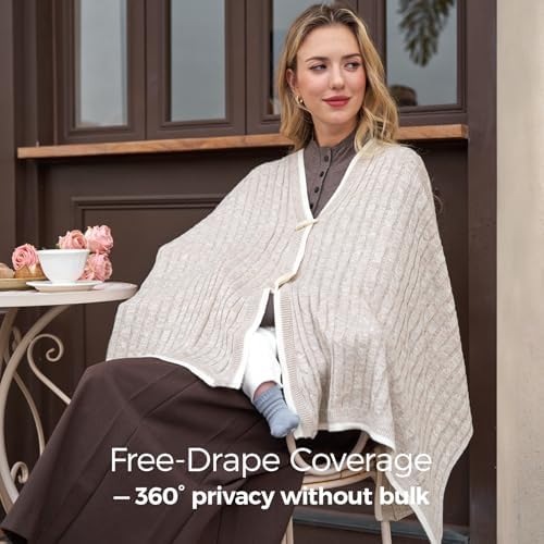 Side profile of mother wearing Momcozy nursing shawl