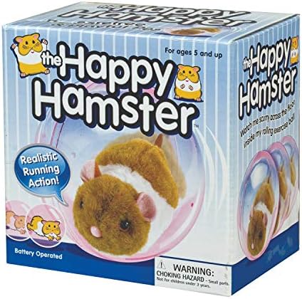 Furry toy hamster inside a clear multicolored rolling plastic sphere