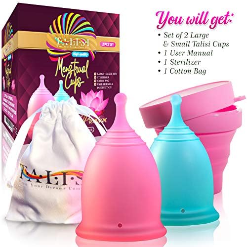 Talisi collapsible silicone sterilizing cup in use for feminine hygiene.