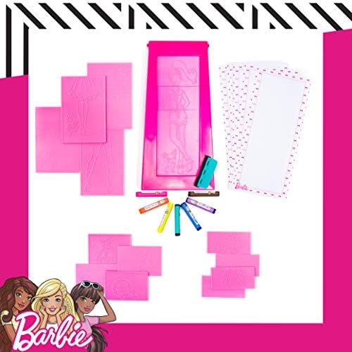 Barbie fashion designer activity kit opened up to display the fifteen rubbing templates and drawing tablet.
