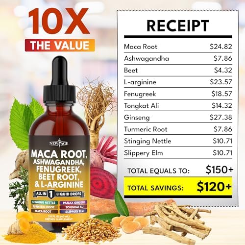 Authentic imported USA packaging of the New Age maca root and ashwagandha wellness drops.