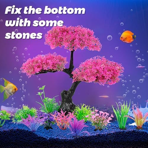 Durable fade resistant pink cherry blossom aquarium ornament side view showing dimensions.