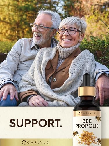 Side view of Carlyle bee propolis two fluid ounce wellness supplement bottle