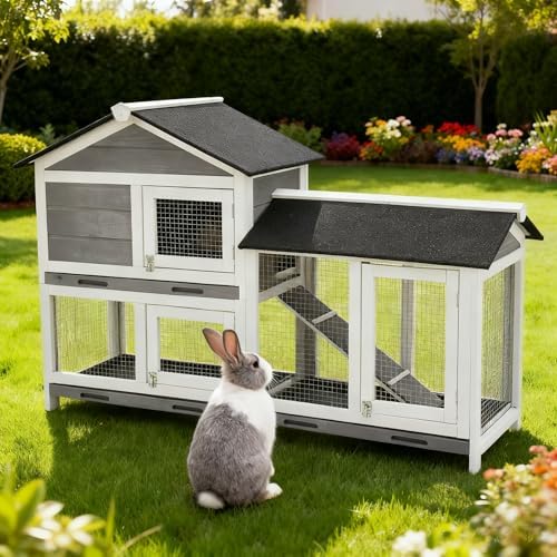 Garvee 63 in Bunny Hutch Indoor Bunny Cage, with 3 Leak-Proof Removable Trays, Wooden Waterproof Roof Rabbit Hutch Indoor/Outdoor, 2-Tier Bunny House/Chicken Coop, Gray and Black - Image 2