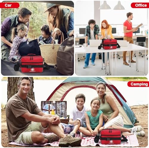 Poygik red portable first aid box with reinforced handle for vehicle storage.