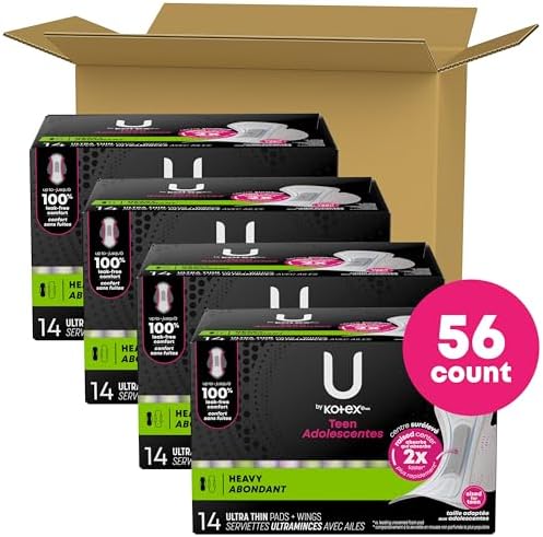Kotex teen sanitary napkins showing the 56 count value pack bundle.