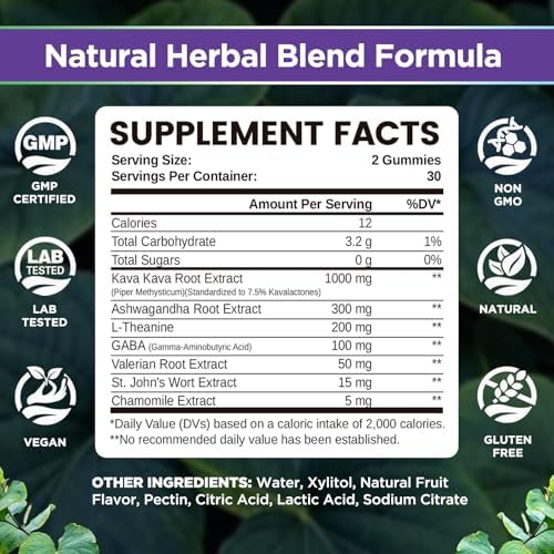 Natisland Kava Kava relaxation supplements showing sugar free and vegan labels.