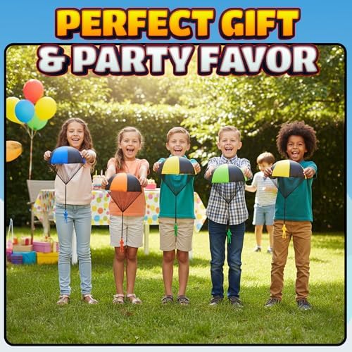 Children running in a green park catching descending toy parachutes safely
