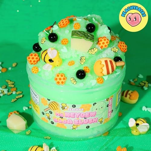 Peachybbies Honeydew Boba Slush packaging with all mixed charms and glitter toppings visible.