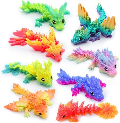 Group shot of 8 piece 3D printed dragon set in packaging