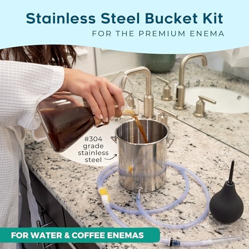 Surgical grade 304 stainless steel enema bucket with hanging handle and open top.