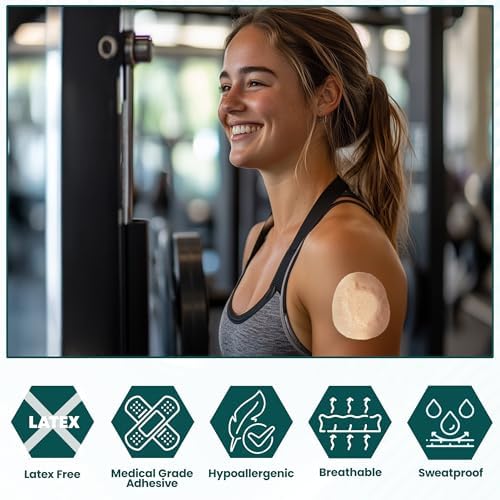 Recoverology pack of 30 adhesive patches for continuous glucose monitor support.