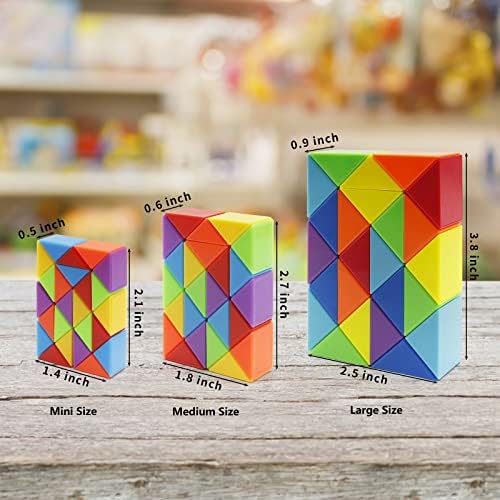 Multiple colorful magic snake cubes arranged to display different geometric shapes and animals.