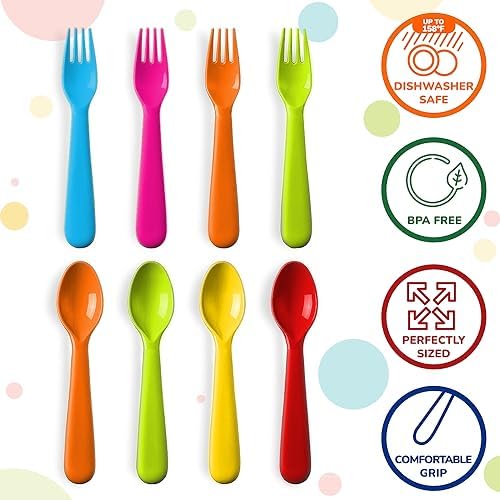 Assorted colorful forks and spoons for kids