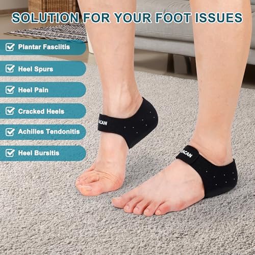 Adjustable heel cups with magic tape strap for secure fit.