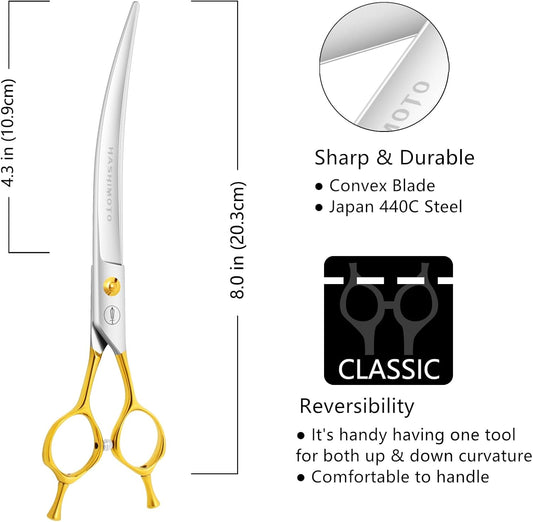 Handcrafted eight inch pet shears made from Japanese stainless steel for large dogs.