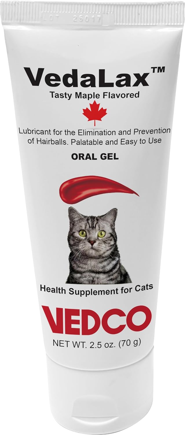 Vedco VedaLax cat hairball lubricant gel tube showing maple flavor identifier.