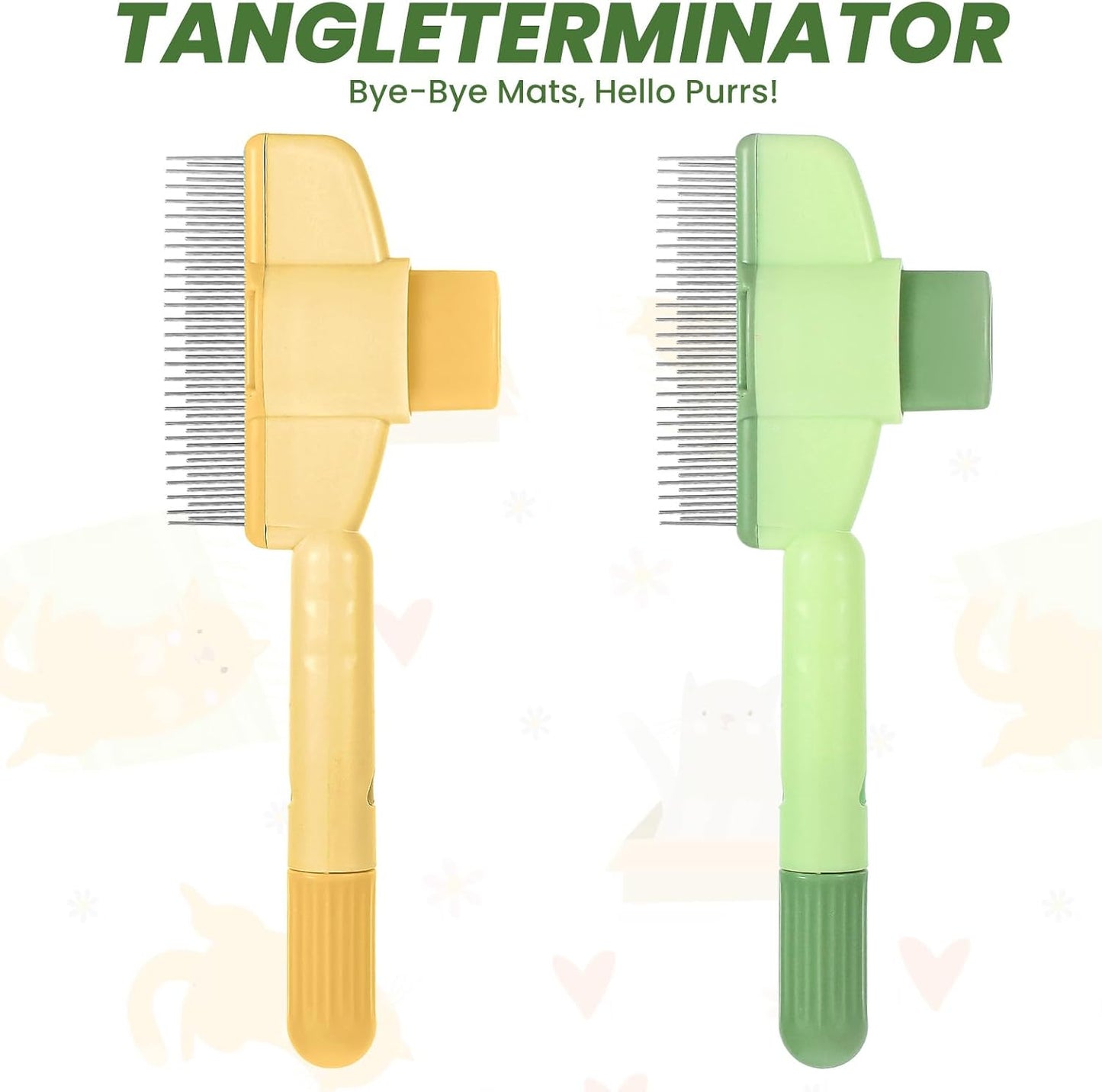 Packaging layout of the two pieces yellow and green pet hair removal tool.