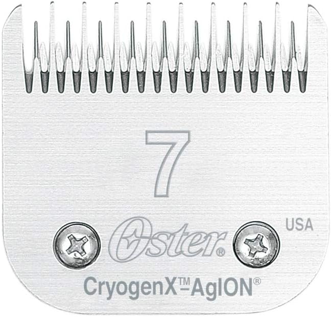 Oster CryogenX Detachable Pet Clipper Blade Size 7 Skip Tooth front view showing high carbon steel teeth.