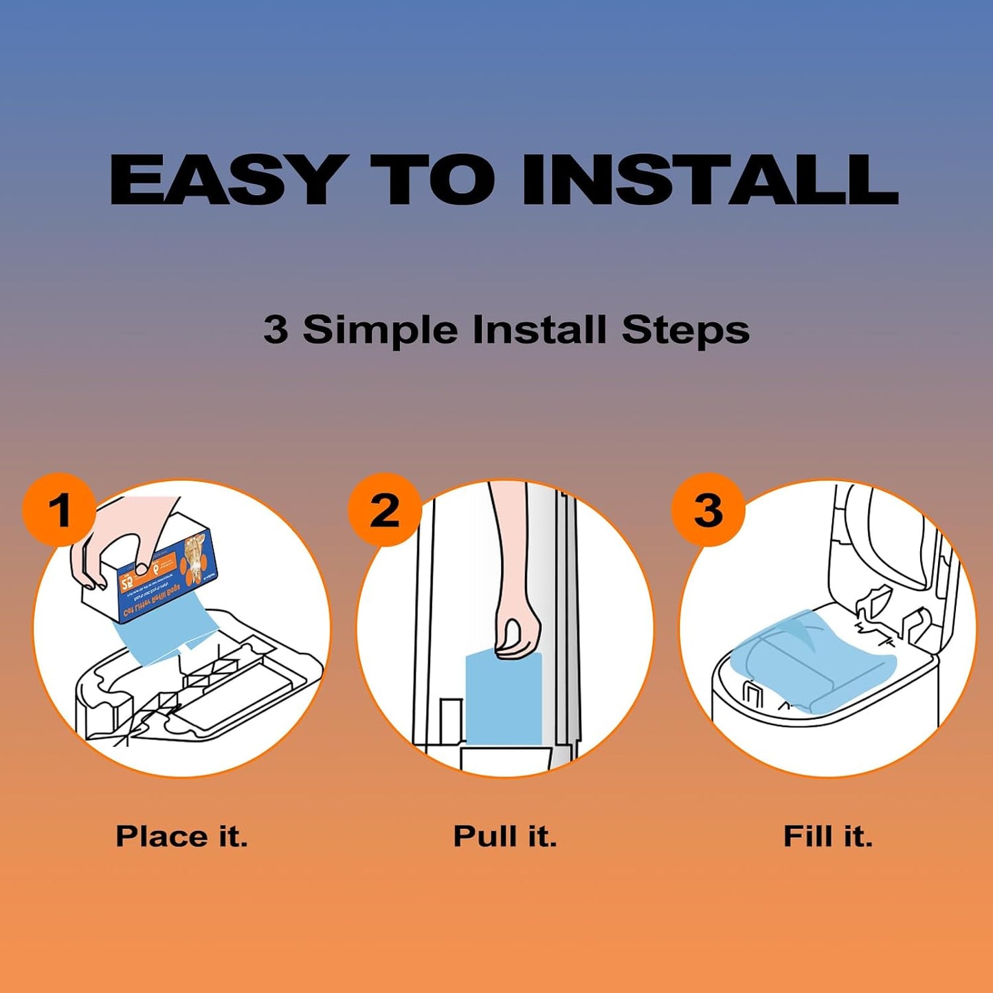Rear view of the packaging detailing the installation steps for the cat waste refill bags.