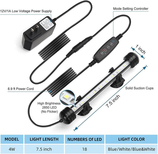 Novique underwater fish tank light bar showing eighteen premium LEDs glowing in deep blue mode.