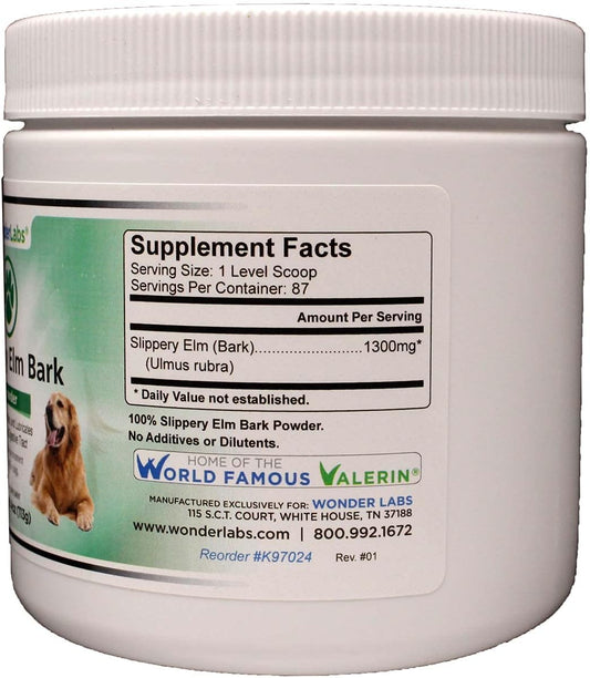 Wonder Labs Slippery Elm Bark Powder showing label details and pure ingredients list