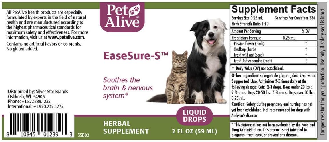 PetAlive EaseSure-S Nervous System Support for Dogs and Cats - Herbal Drops with Passion Flower, Skullcap, Ashwagandha, Wild Oat - Pet Involuntary Muscle Movements and Twitching - 2 Fl Oz - Image 9