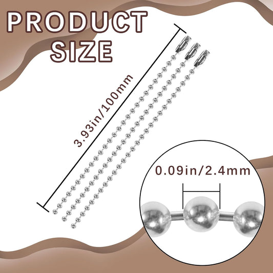 Close up view of two point four millimeter metal bead chain links with barrel connectors
