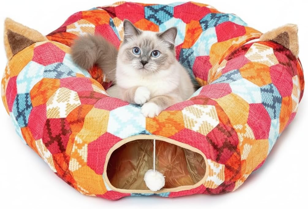 AUOON Cat Tunnel Bed for Indoor Cats - Large Cat Donut Tunnel with Hanging Ball Toy, Collapsible 2-in-1 Multifunctional Interactive Cat Toy for Kitten, Puppy, Rabbit, Ferret (Light Grey) - Image 15