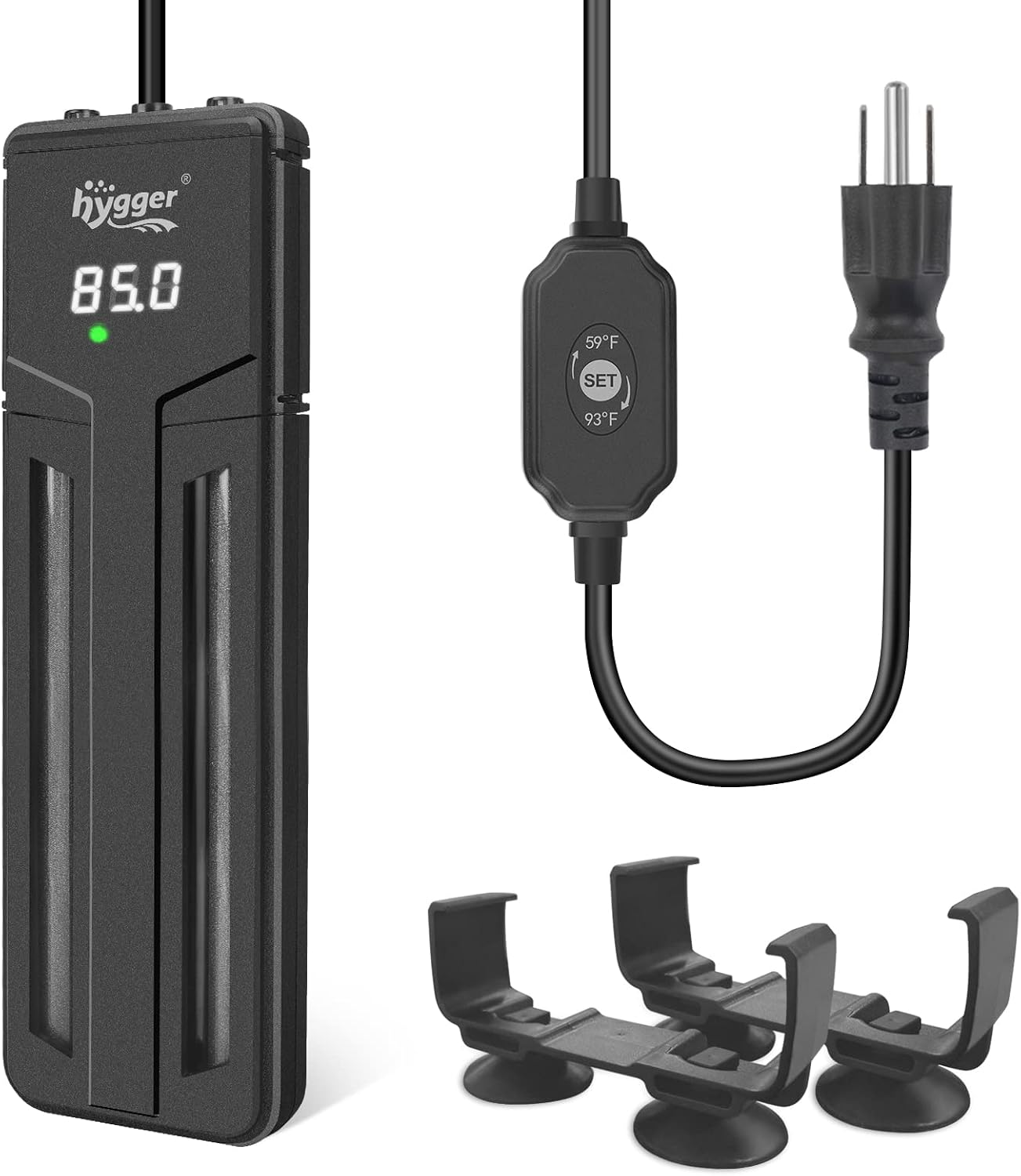 Detailed view of hygger aquarium heater packaging and accessories