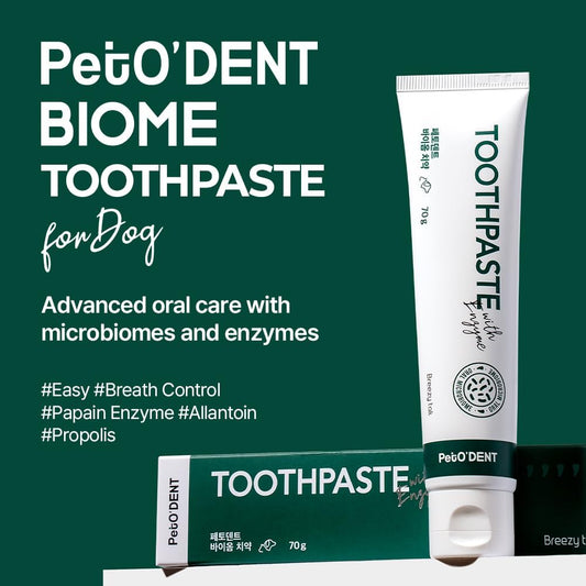 Breezytail dog dental gel tube showing enzyme formula benefits