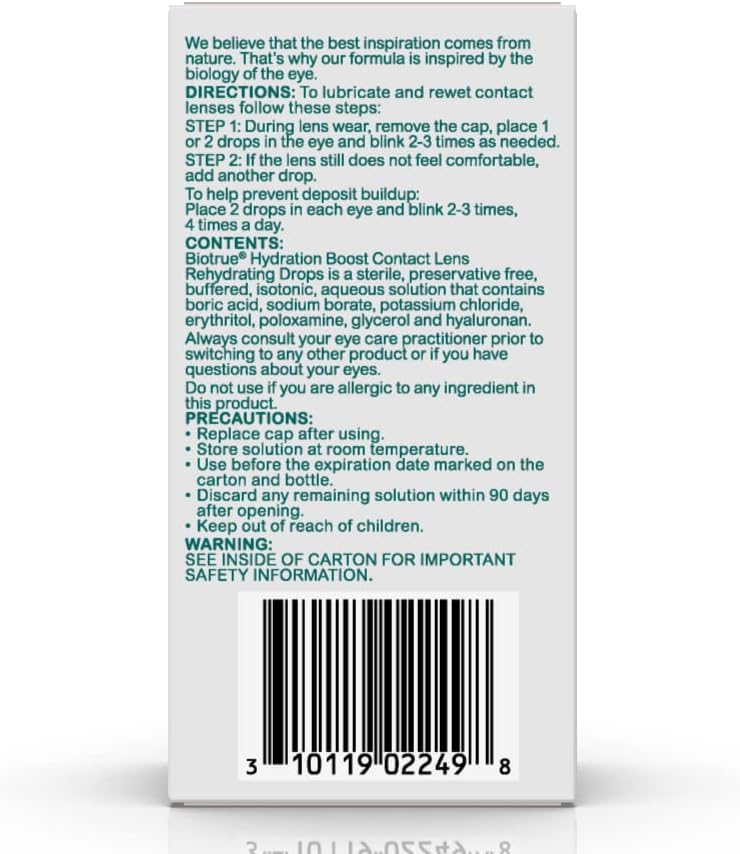 Authentic imported Biotrue Hydration Boost eye drops for dry eye relief.