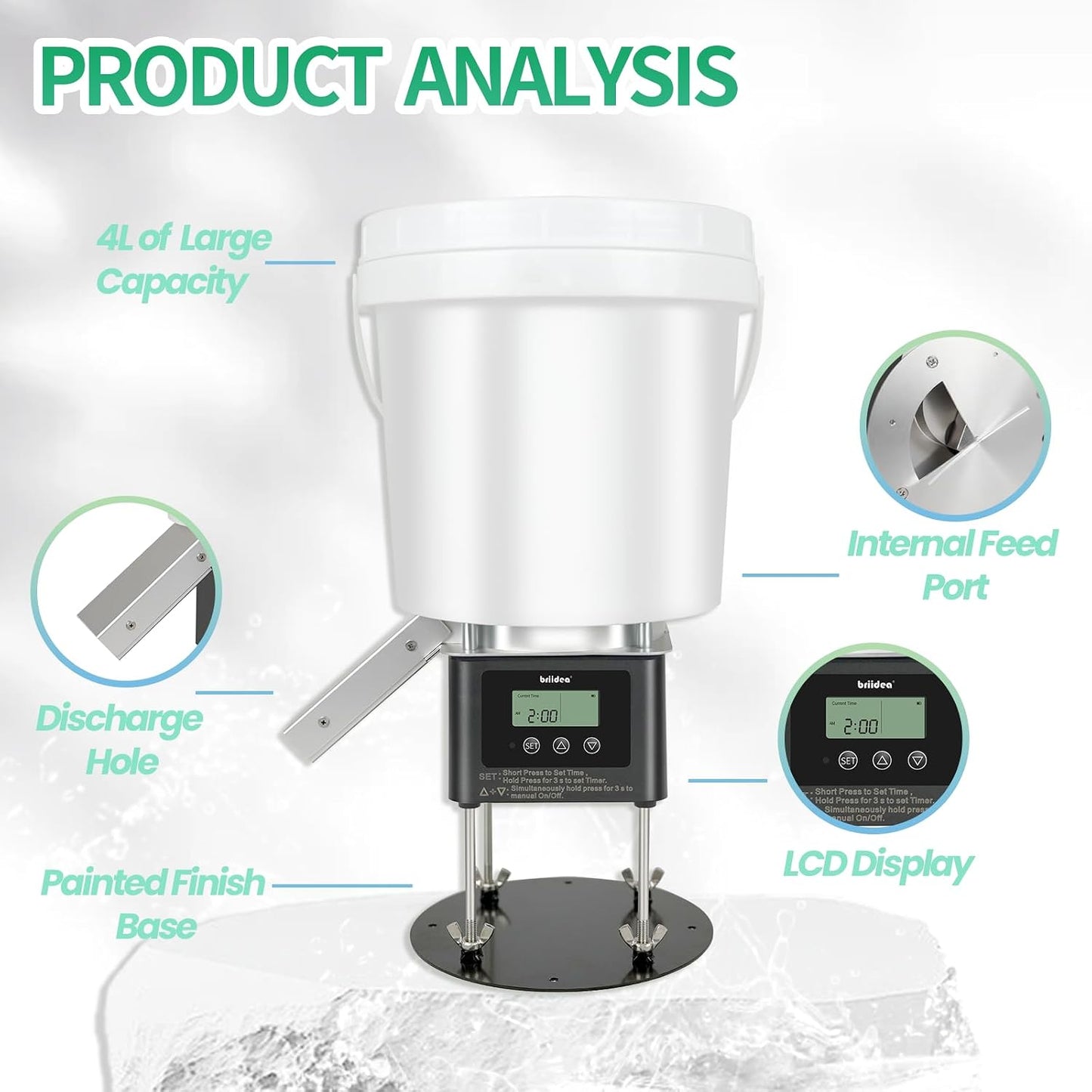 Briidea outdoor fish feeder showing the battery compartment with low power alert feature