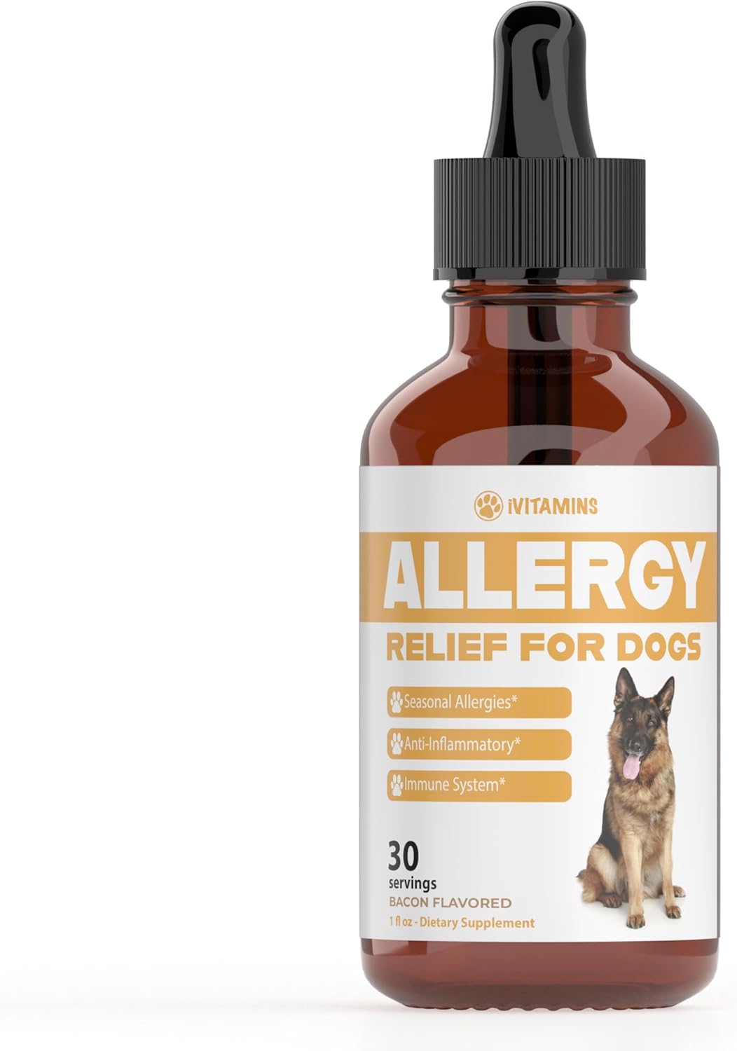 Premium feline allergy relief vitamins packaging detail highlighting the thirty milliliter size