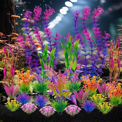Ameliade premium imported artificial aquatic plants showcasing vivid green pink and purple lifelike foliage.