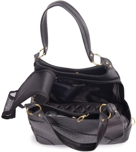 Side mesh ventilation panels on Glield black leather pet carrier