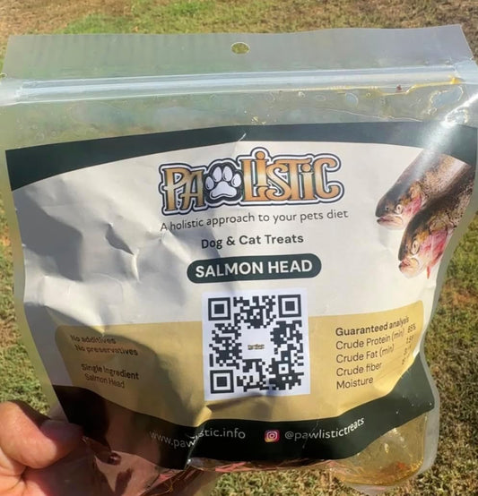 Close up of Pawlistic natural salmon head pet treat