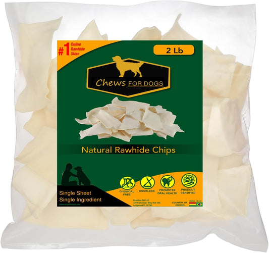 Natural beef hide dog chew chips showing thick cut texture for oral care