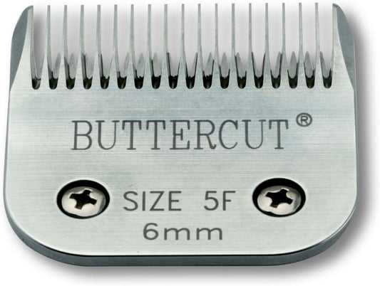 Geib Buttercut professional pet grooming blade showing the red text and universal A5 attachment mechanism.
