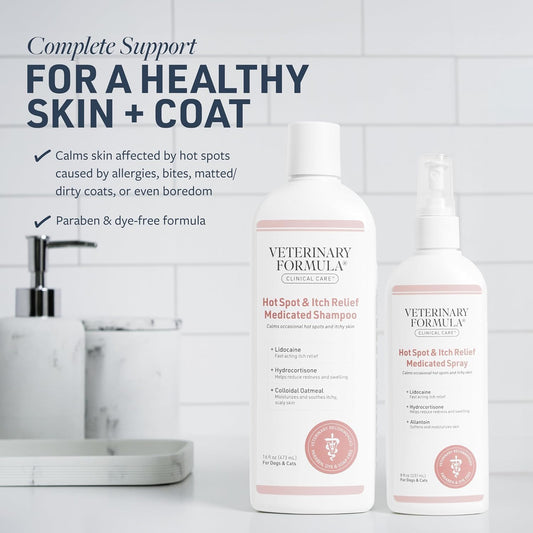 Veterinary Formula anti itch shampoo and spray duo for dog and cat allergy relief.