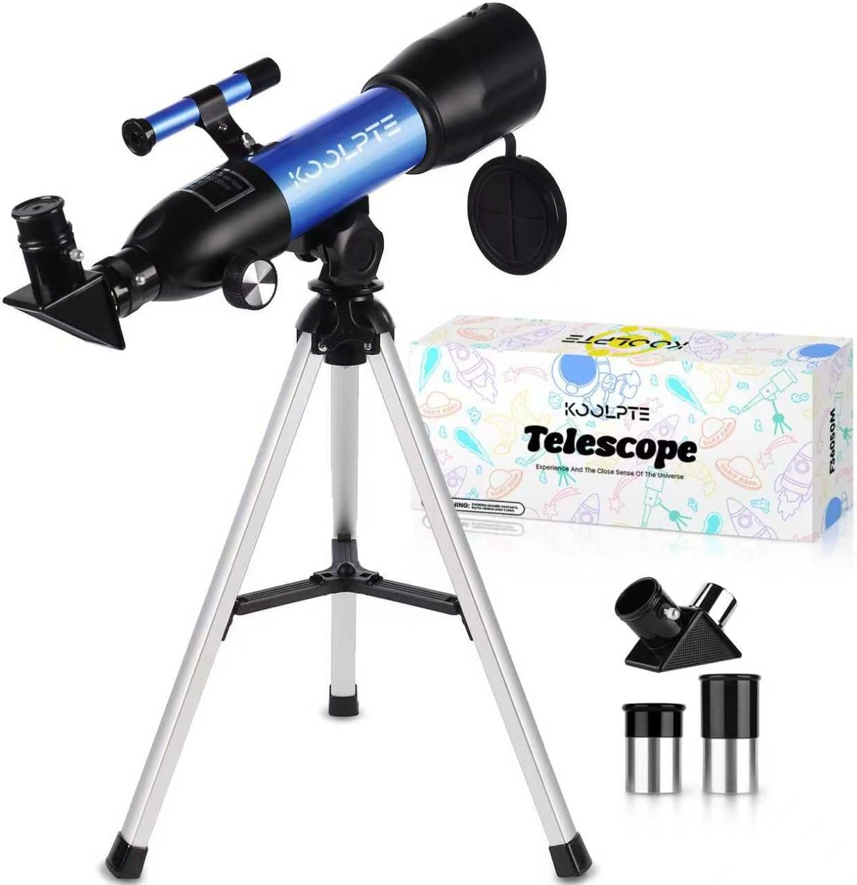 Koolpte portable refractor telescope front view on tabletop tripod