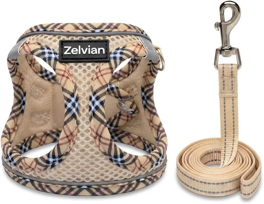 Adjustable vest style cat harness beige plaid design close up