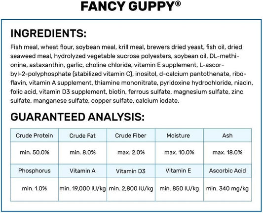 Back of Hikari Fancy Guppy packaging showing nutritional information