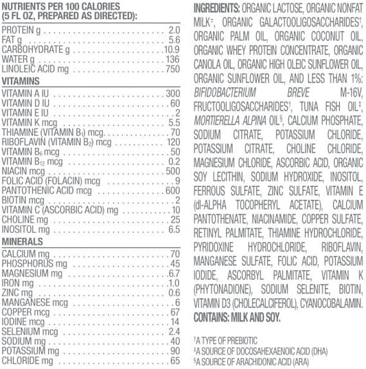 Happy Baby Stage 1 organic baby formula nutrition facts label showing vitamin and mineral content.