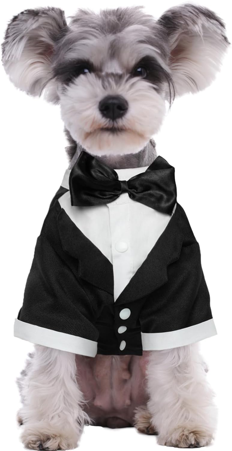 Kuoser Dog Tuxedo, Formal Dog Costume with Bow Tie Pet Wedding Suit Party Birthday Outfit, Dogs Tux Soft Shirt for Valentines Christmas Halloween Graduation Cosplay, Black M - Image 10